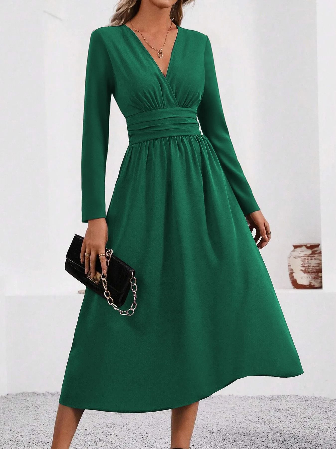 Elegant Overlap V-Neck Knit Bodycon Maxi Dress