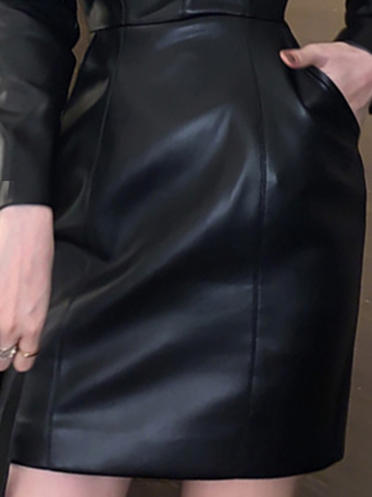 Women Spring Autumn Retro Black Faux Leather Mini Dress Puff Sleeve Square Neck Sheath Dress