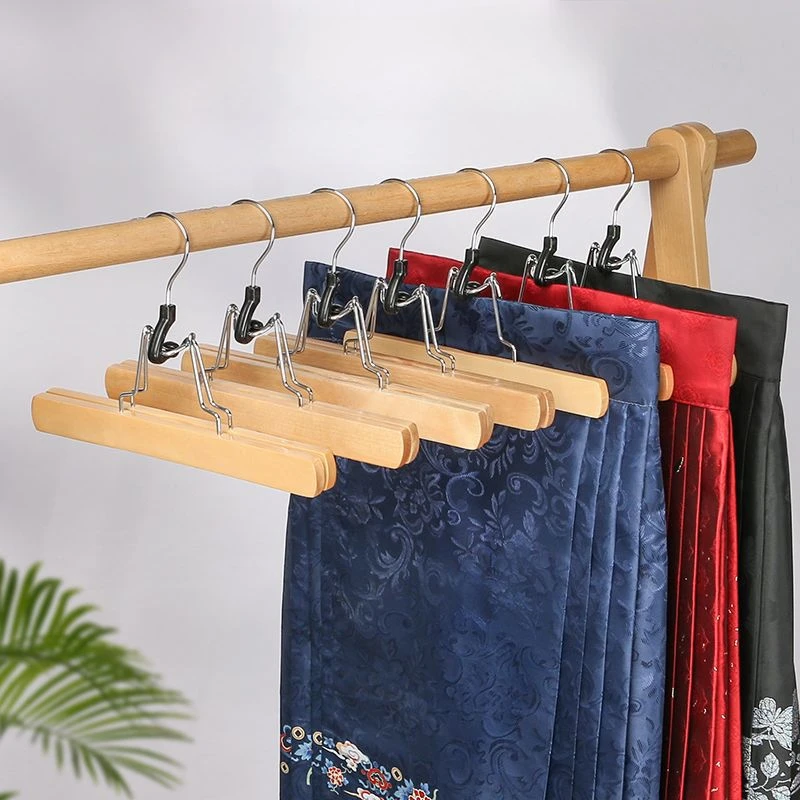 Wooden Clothes Hanger with Skirt Clip Pants Clip for Natural Long Pants