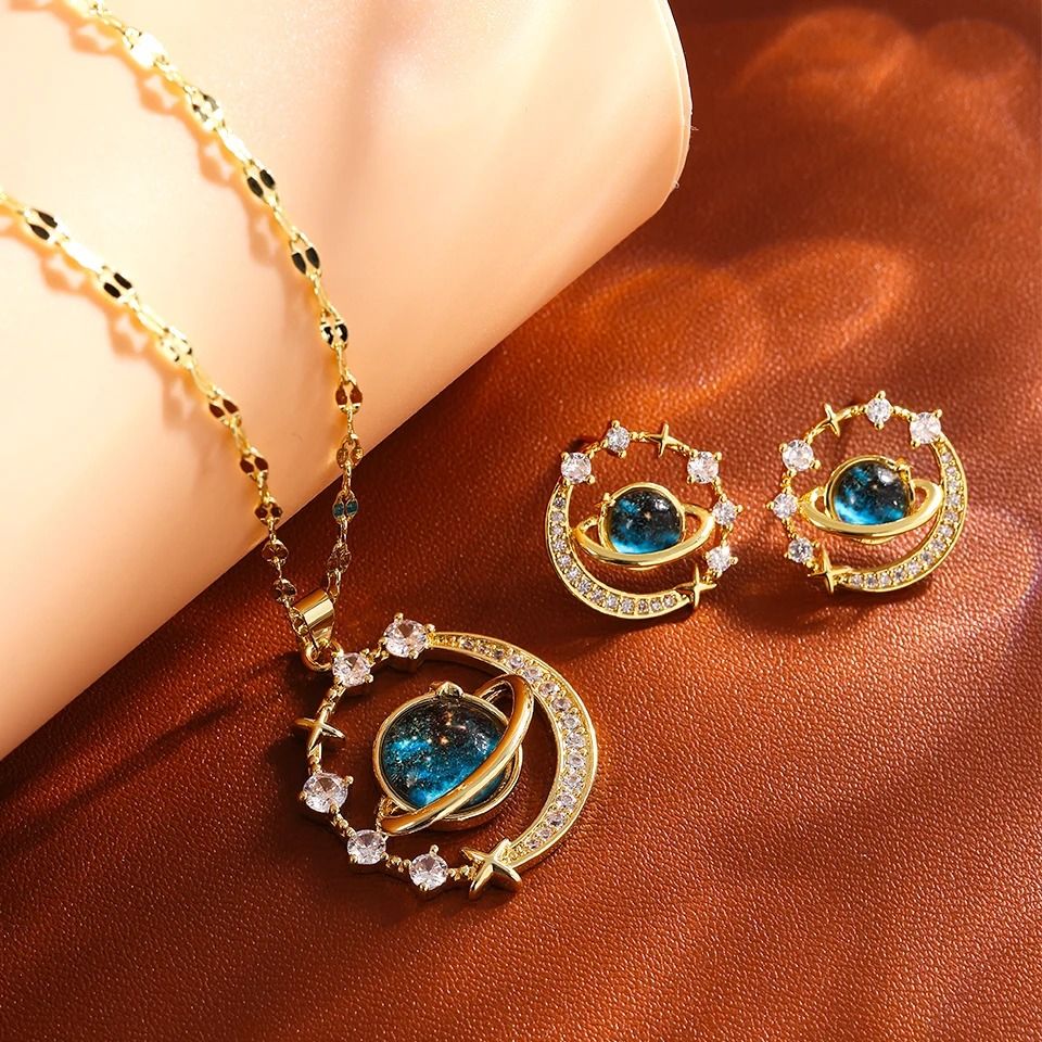 ZAKOL 2Pcs Titanium Steel Planet Round Earring Necklace Sets Niche Fashion Female Jewelry Gift