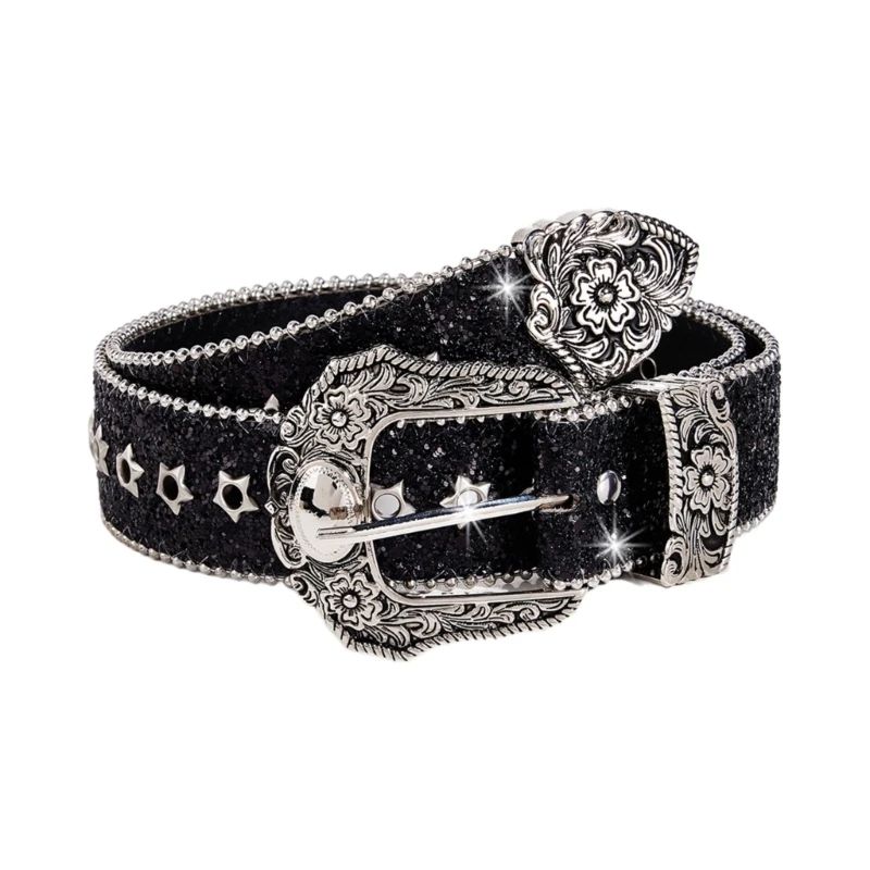 Glitter Sequined Waist Belt with Sparkling Buckle
