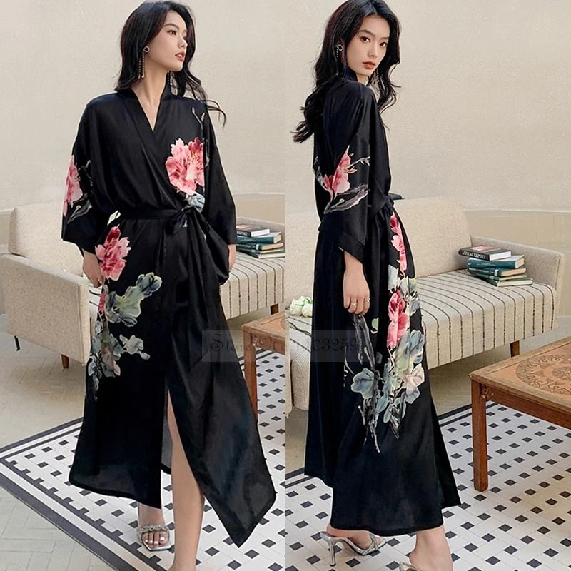 New Spring Summer Female Long Robe Set – Sexy Flower Print Kimono & Silk Satin Casual Lounge Wear