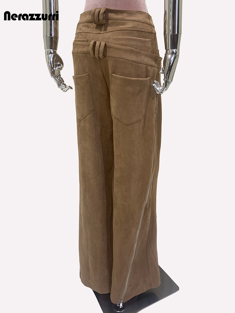 Luxury Designer European Clothes, Spring Double Waisted Long Khaki Stretchy Suede Faux Leather Pants with Zipper Style