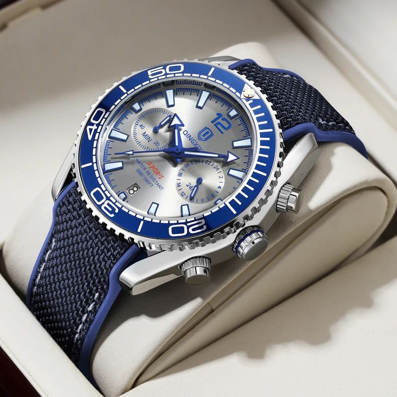 QINGXIYA Luxury Multifunction Chronograph Men's Quartz Watch with Rotatable Bezel