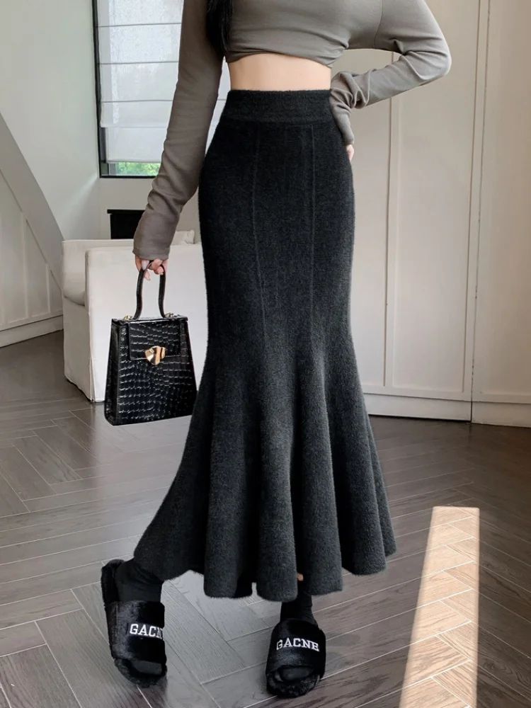 Women's High Waist Knitted Mermaid Maxi Skirt – Thick Mohair Fishtail Winter Skirt