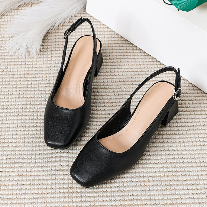 Elegant French Baotou Womens Summer Sandals, New Mid Thick Heel High Heels with Shallow Mouth & Coarse Heel Design