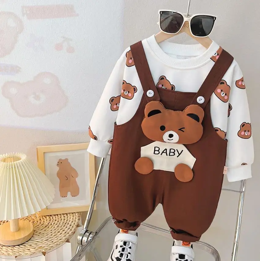Baby Boys 1st Birthday Sets, Korean Style 2PC Outfit with Cute Bear Graphic T-shirt and Denim Overalls, Boutique Kids