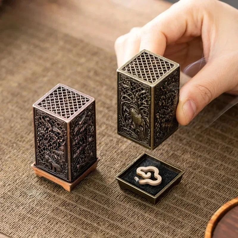 Square Vertical Incense Burner Alloy Aromatherapy Holder with Chinese Plum Design