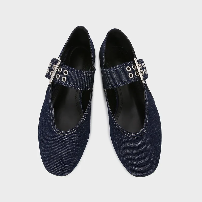 Womens Denim Blue Ballet Flats, Lightweight Designer Mary Jane Shoes with Metal Buckle Strap, Casual Fashion Flats