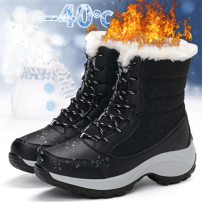Winter Women Heels Boots, Waterproof Platform Ankle Boots, Plush Snow Boots, Warm Outdoor Short Boots for Cold