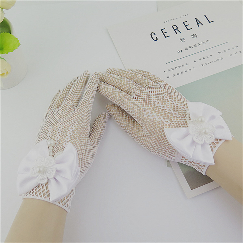 1 Pair Girls Kids White Lace Wedding Gloves with Faux Pearl Bowknot, Fishnet Flower Girl Communion Ceremony Party