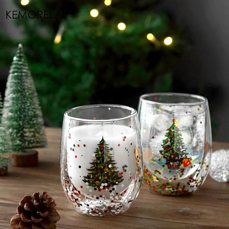 Double Wall Christmas Glass Mug Heat Resistant Holiday Coffee Cup