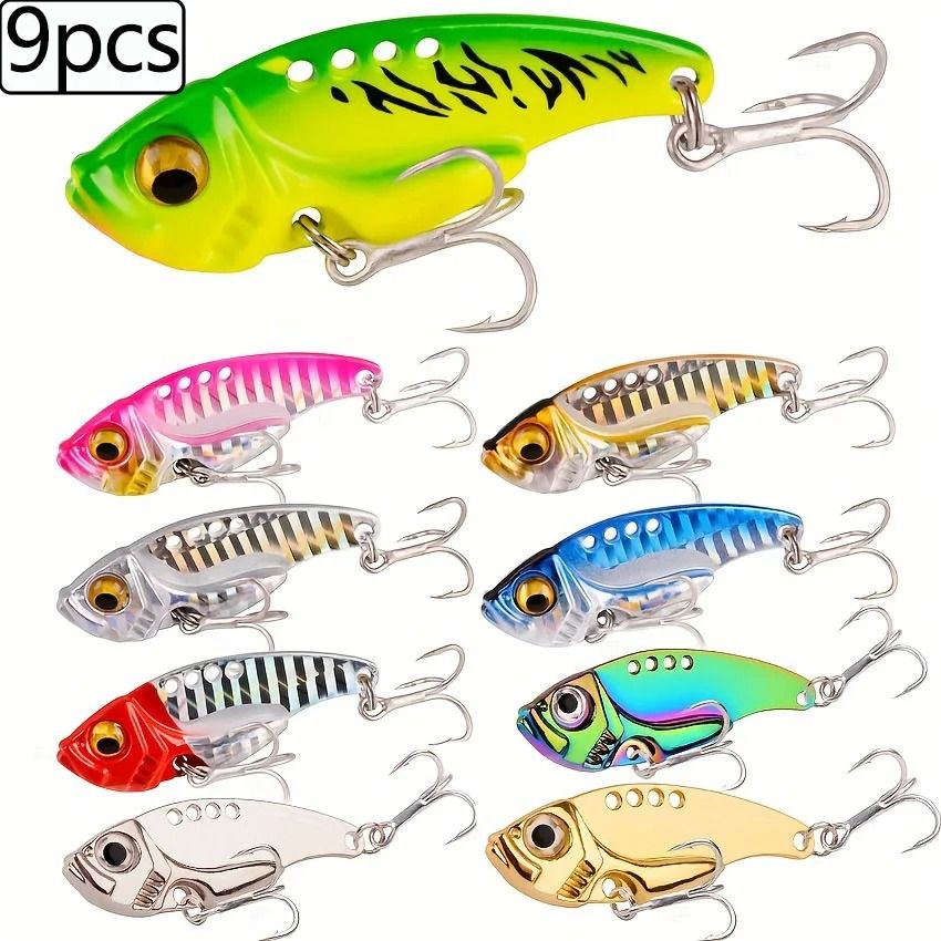 9 Piece Metal VIB Spinner Spoon Fishing Lure Set with 3D Eyes for Trout and Bass