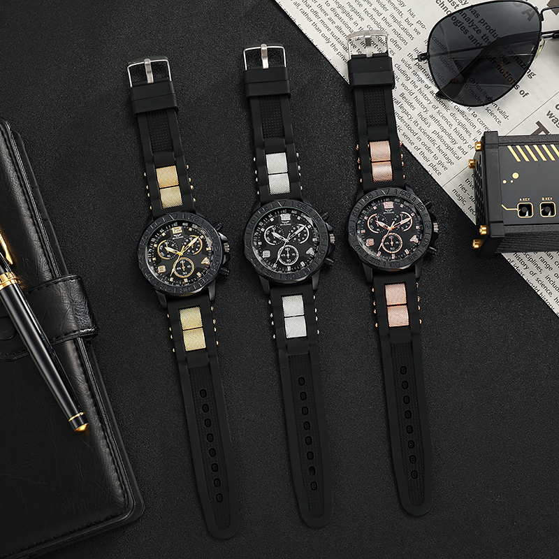 Light luxury refined fake three eye, mixed bar scale dial silicone quartz watch, elegant wristwear