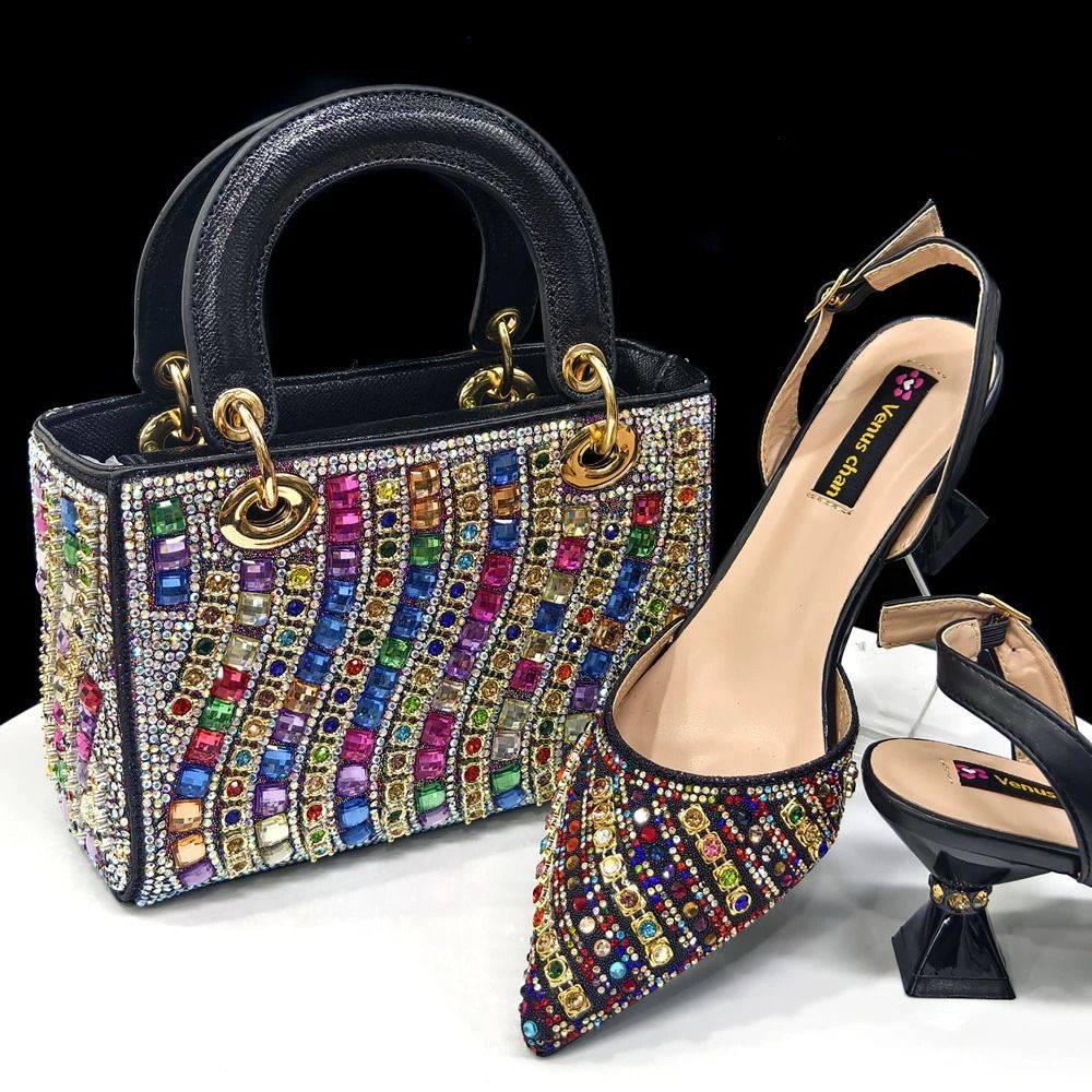 Fuchsia Rhinestone Pointed Toe Heel and Matching Bag Set for Women
