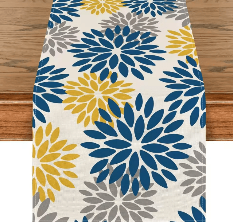 Blue Dahlia Floral Linen Table Runner – Elegant Spring Summer Farmhouse Table Decor