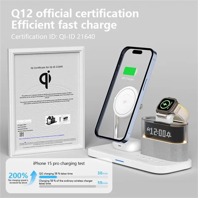 Qi2 5 in 1 Magnetic Wireless Charger Stand with LED Night Light and Alarm Clock for Samsung iPhone IWatch and Airpods