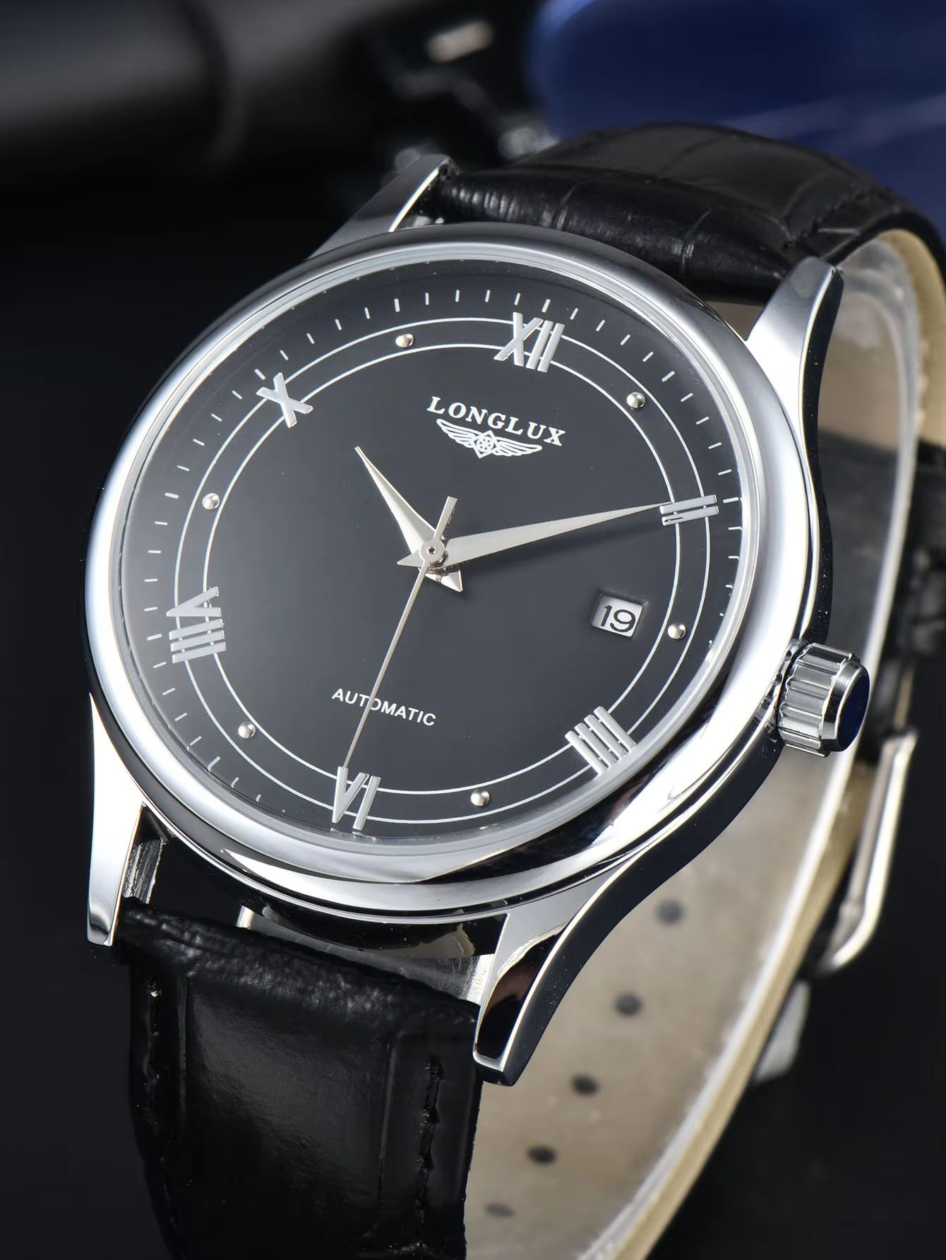 LONGLUX Automatic Mechanical Men's Watch Classic Leather Strap Watch with Date Display
