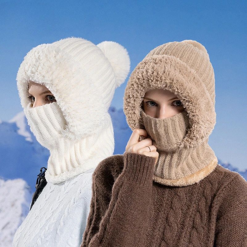 Women's Hooded Knit Balaclava Hat – Winter Velvet Fluffy Ear Protection Neck Warmer