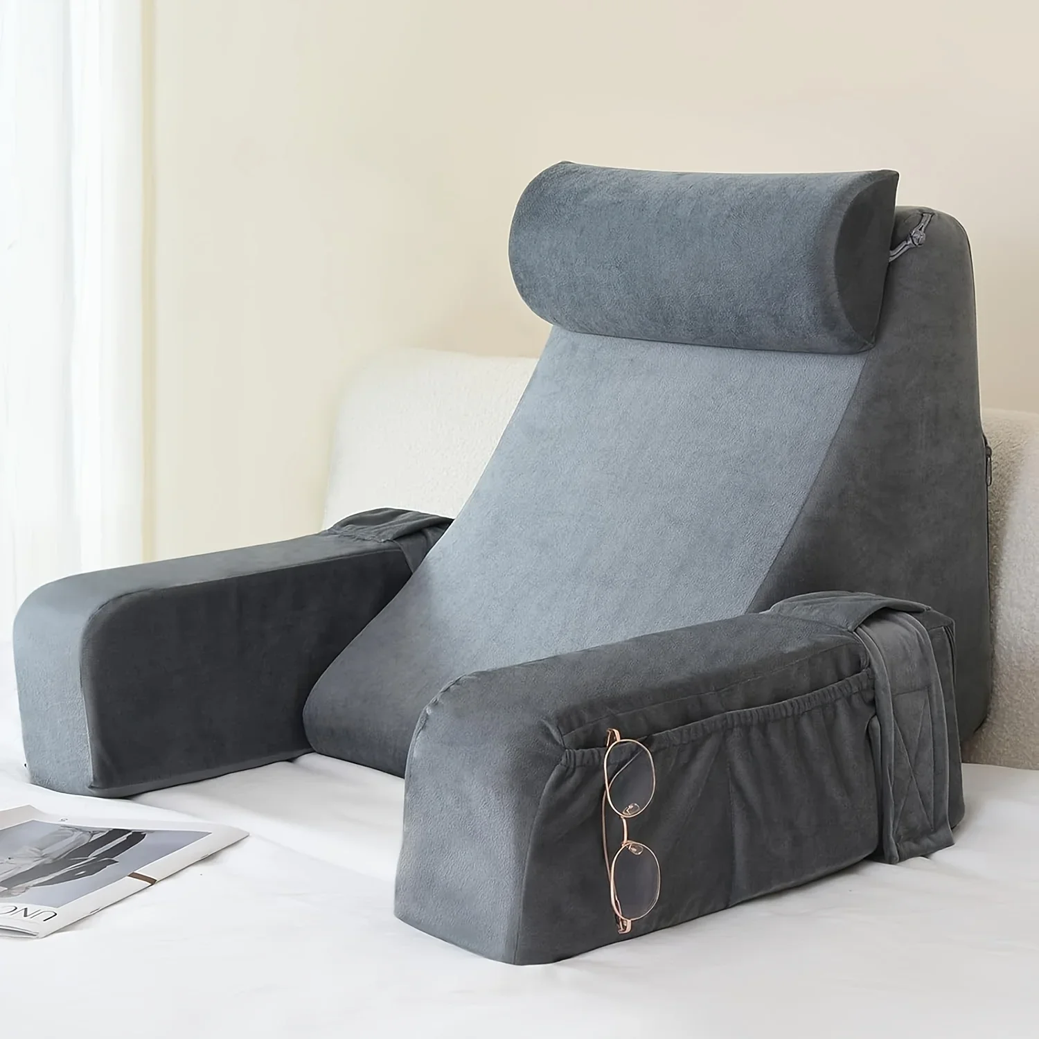 Ergonomic Back Support Cushion for Bed Chair, Reading Pillow with Armrests Cushion, TV Gaming Comfort Accessory Bed