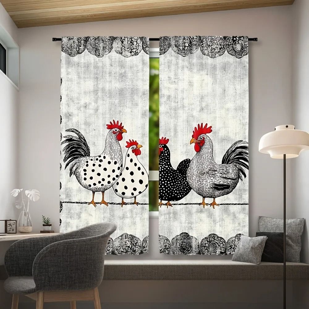 Retro Polka Dot Chicken Cafe Curtains | 2-Piece Contemporary Light-Filtering Rod Pocket Drapes for Kitchen