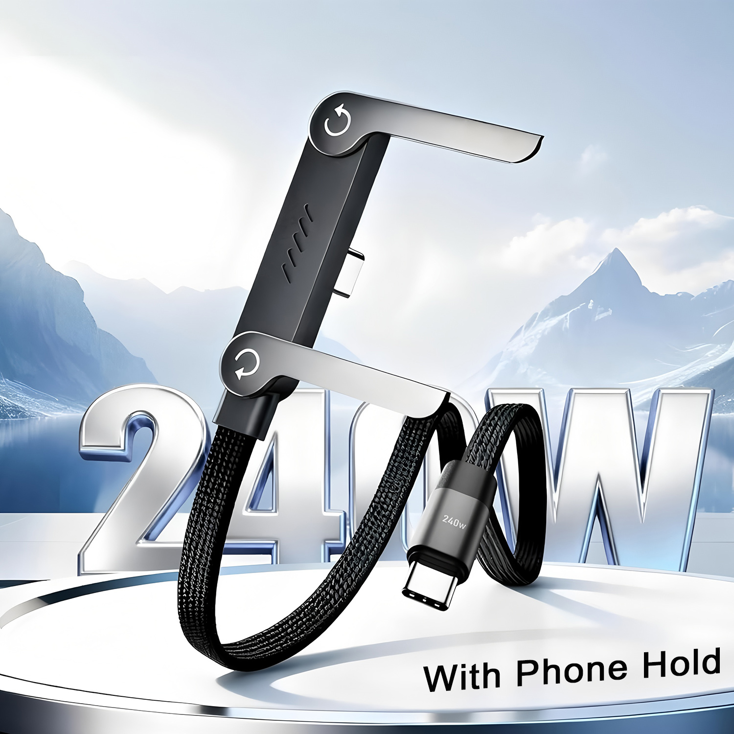 Foldable Mobile Phone Holder With 360 Rotating Charging Data Cable, Fast Charging Stand for Tablets & Phones
