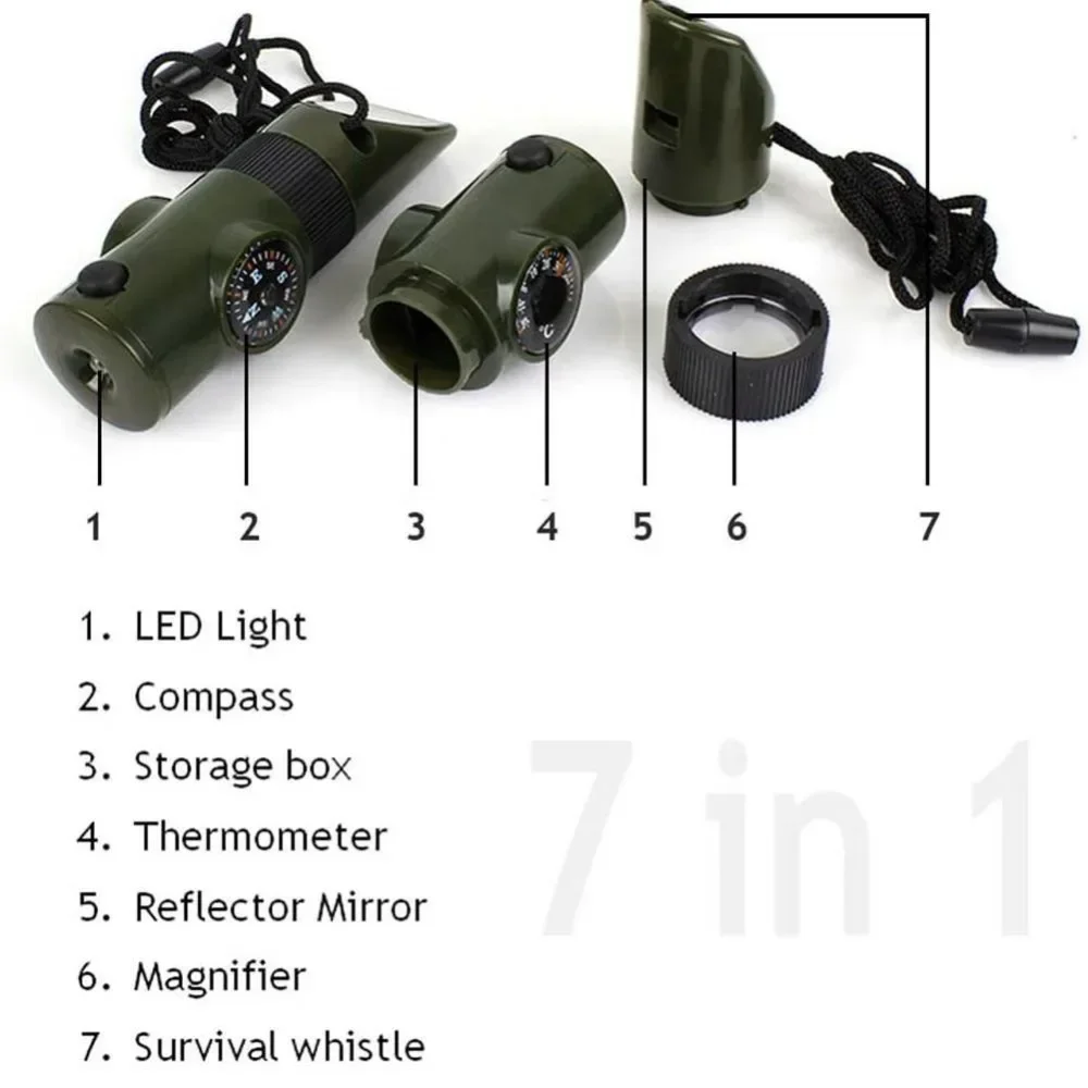 Survival Whistle Compass Tool with LED Light & Magnifier