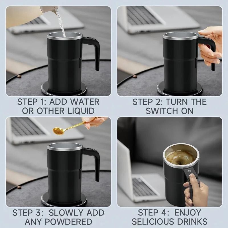 USB Rechargeable Self Mixing Coffee Mug with Magnetic Stirring and Spill Resistant Lid