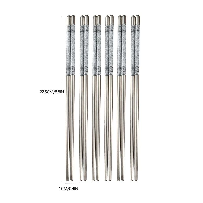 Reusable Stainless Steel Chopsticks with Blue & White Pattern - 6 Pair Set