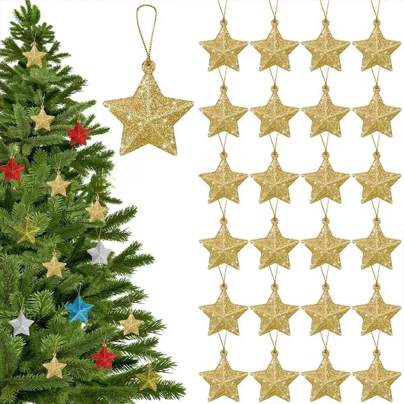 Gold Glitter Star Christmas Tree Ornaments Set 6pcs