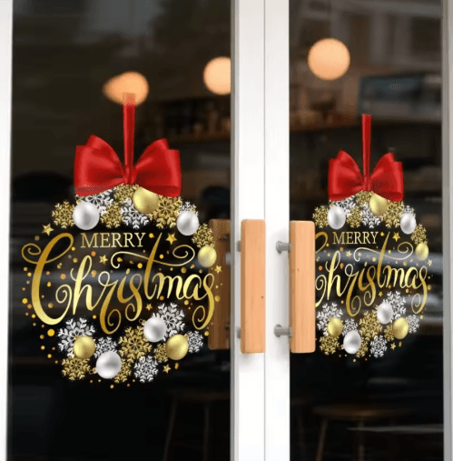 Christmas Wreath Window Sticker – Golden Snowflake & Red Bow Static Cling Glass Decal