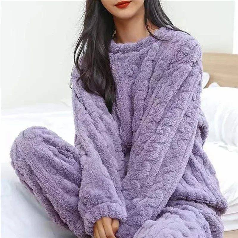 Cozy coral velvet pajama set for Women – Warm Fluffy Winter Loungewear