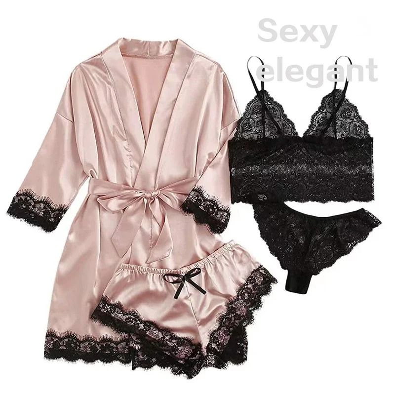 Womens Satin Sleepwear Four Piece Pajama Set with Robe Lace Nightwear