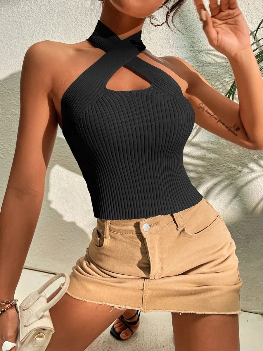 Women Ribbed Knit Criss Cross Halter Crop Top