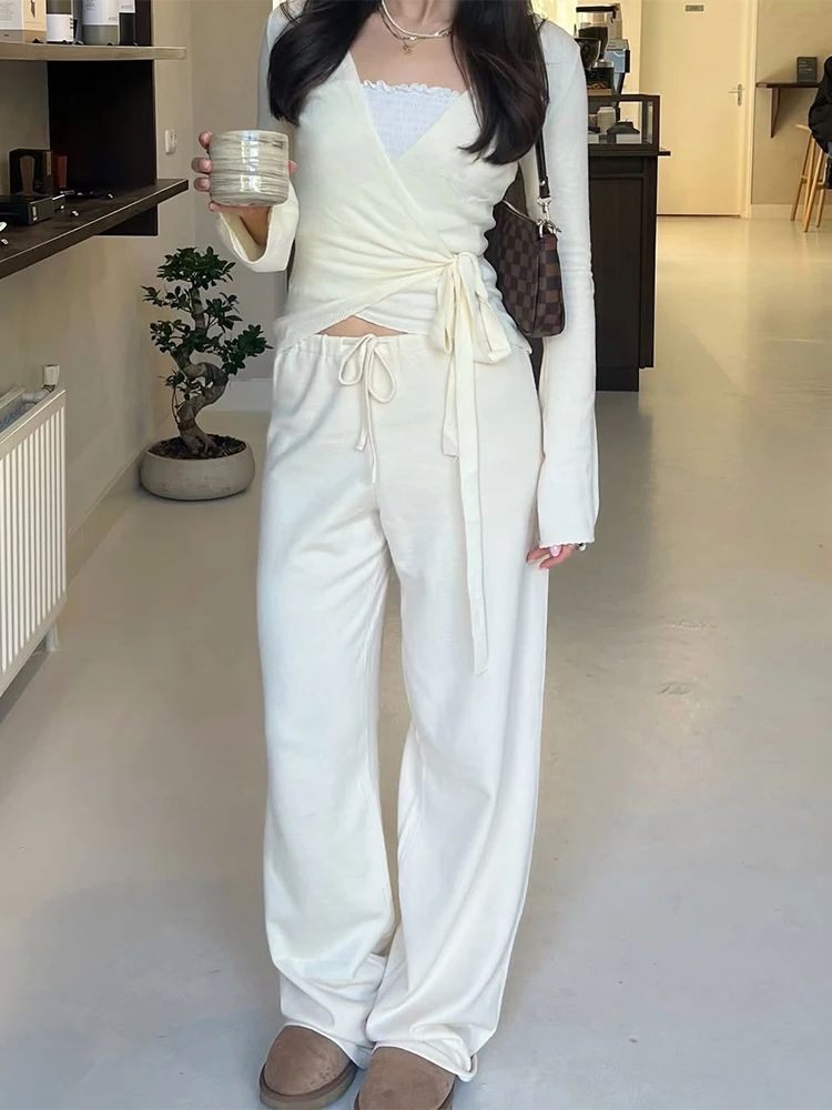Absobe Women's Autumn Winter Knit 2-Piece Lounge Set – Flare Sleeve Crop Cardigan & Wide-Leg Pants Outfit