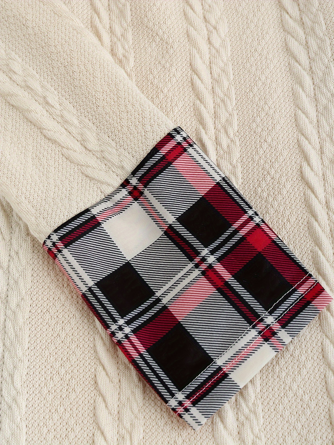 Plaid Print Knitted Hooded Dress, Fake Buckle High Waist, Long Sleeve A-line Dress