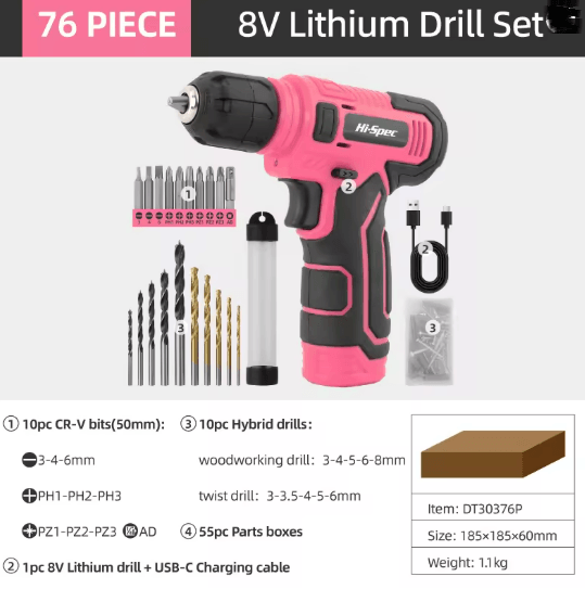 Hi Spec 133 Piece Pink Power Tool Set with 8V Lithium Drill and Toolbox