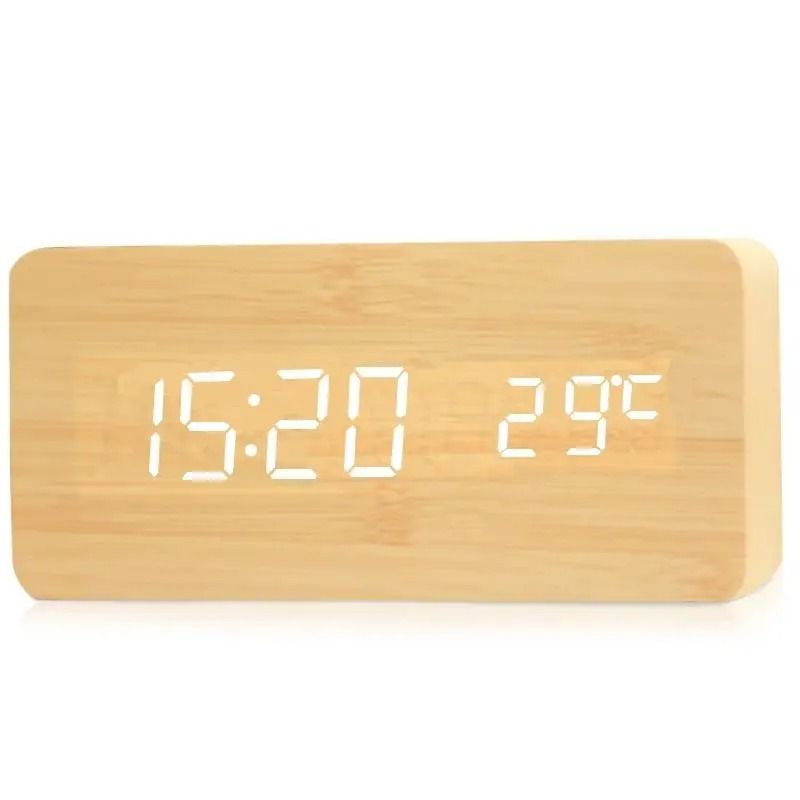 Wood Digital Alarm Clock with LED Temperature Display