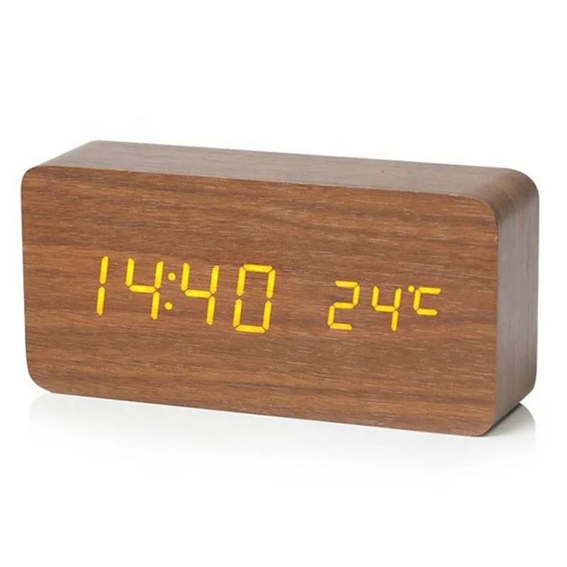 Wood Digital Alarm Clock with LED Temperature Display