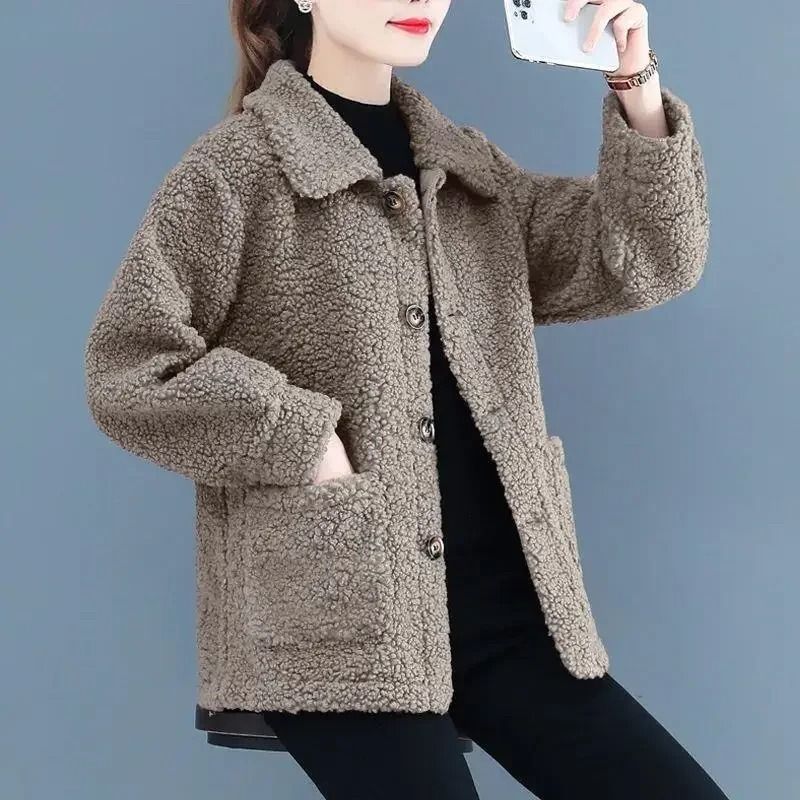 Ladies Lamb Velvet Short Jacket Thick Winter Outerwear Warm Fleece Cardigan Coat for Women