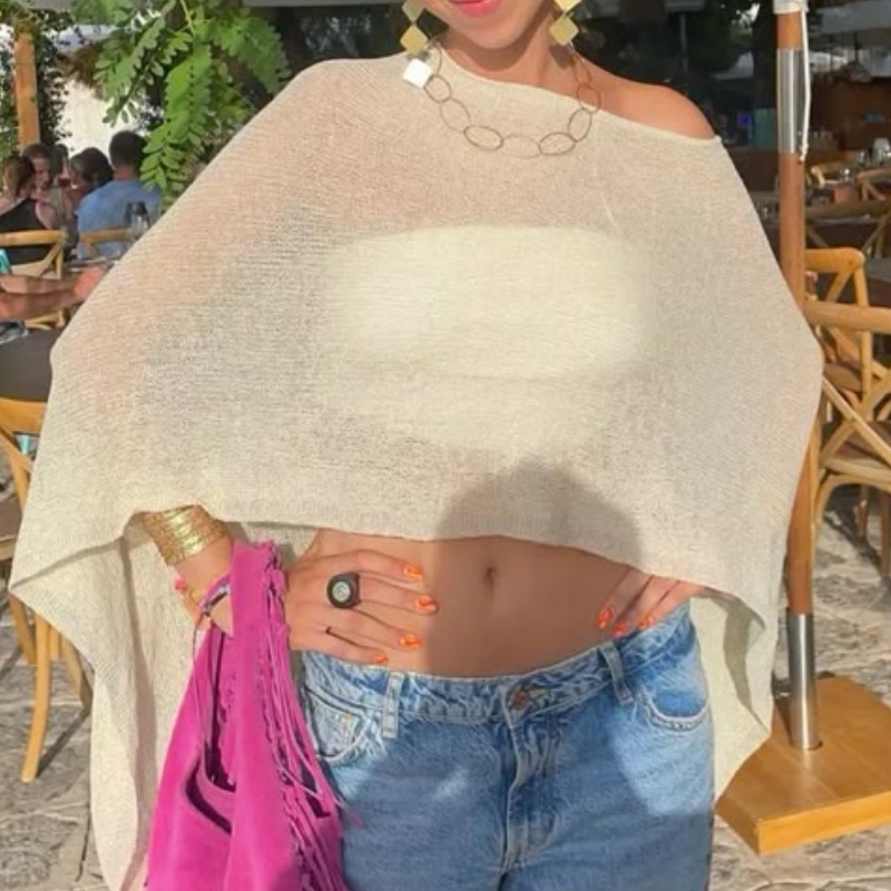 Women Knit Cover-ups Summer, Loose Pullover Smock Crop Tops, Autumn See-through Irregular, Summer Beach Bikinis Cover Up
