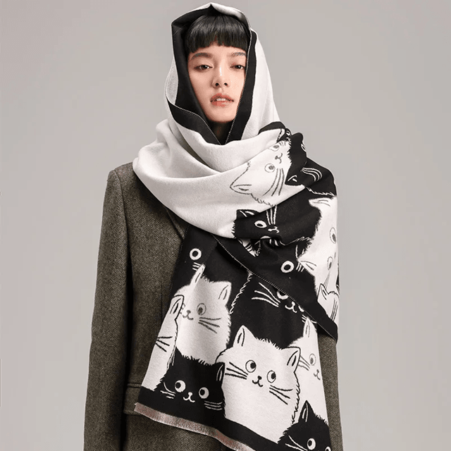 Cute Cat Jacquard Pashmina Cashmere Scarf for Women Winter Blanket Shawl