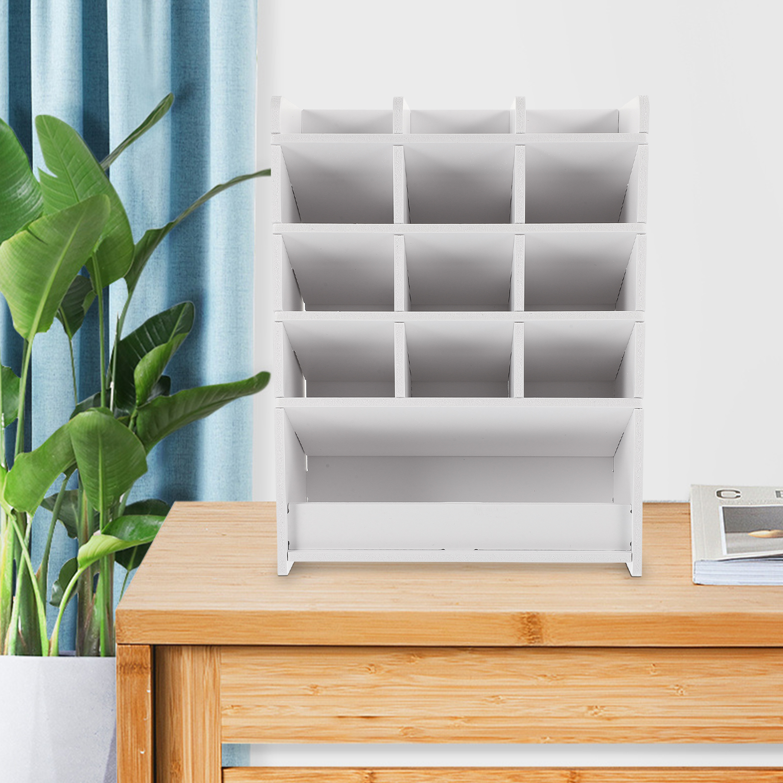 Desktop Storage Box Wood Organizer, Office Pen Stand, Multi-compartment for School and Living Room