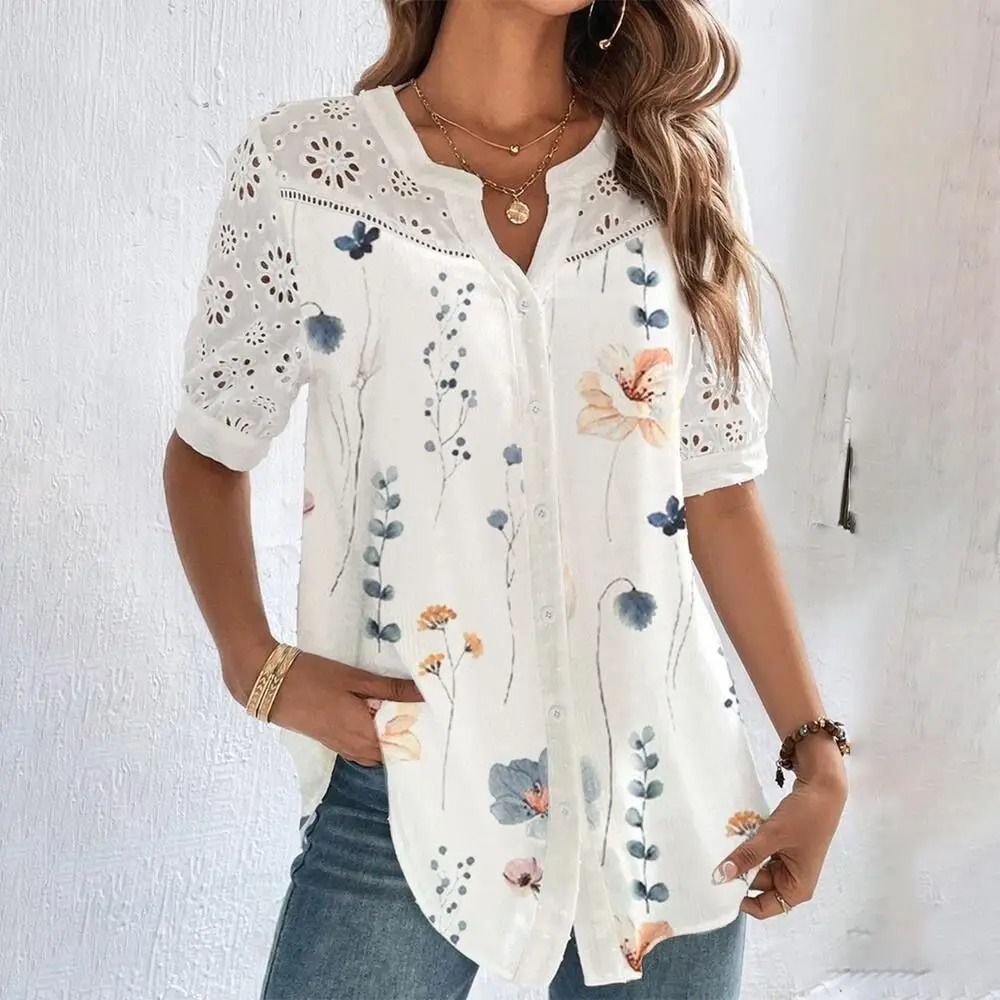 Casual Lace Women Shirt Loose Elegant Short Sleeve Blouse