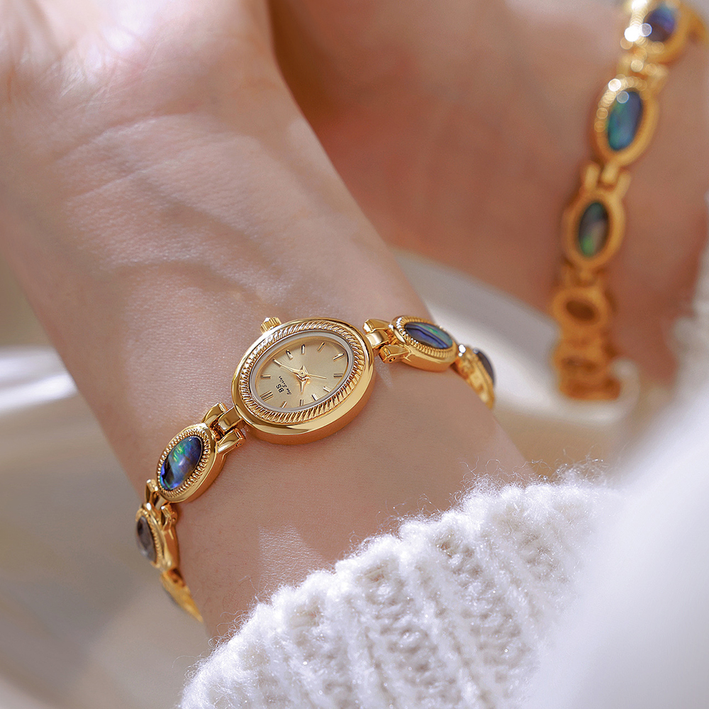 Luxury Vintage Gold Quartz Watch for Women, Colorful Shell Bracelet, Dress Wristwatch Gift Original