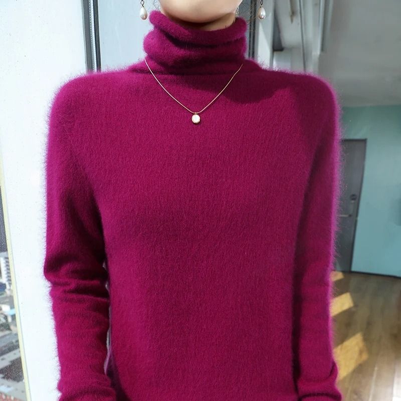 Womens Pure Mink Cashmere Sweater Slim Fit Pullover with Pile Collar Knitted Winter Top