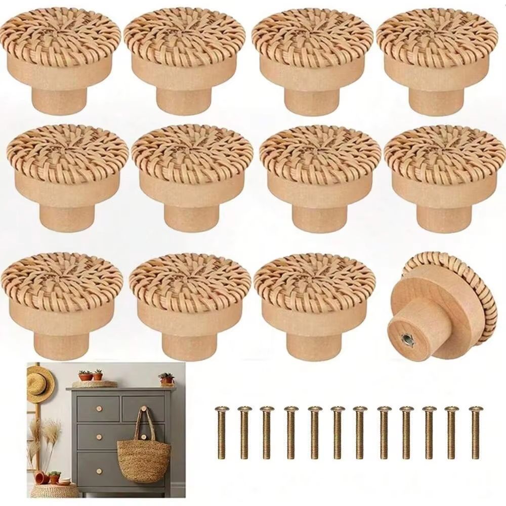 12-Pack Bohemian Rattan Drawer Knobs – Round Wooden Wicker-Weave Cabinet Knobs with Screws