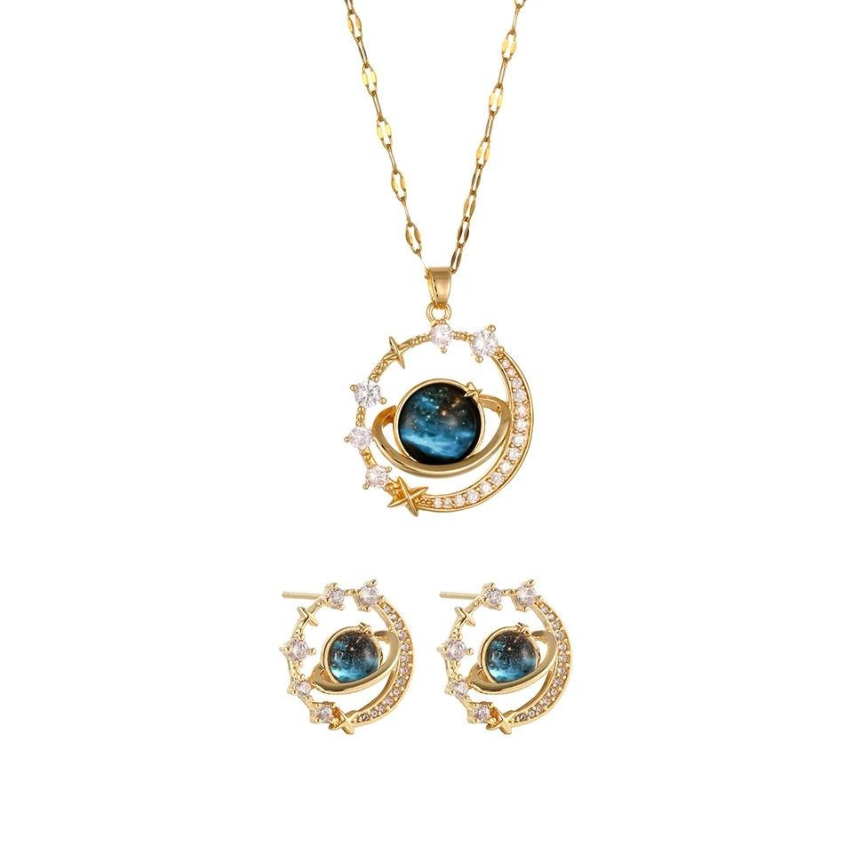 ZAKOL 2Pcs Titanium Steel Planet Round Earring Necklace Sets Niche Fashion Female Jewelry Gift