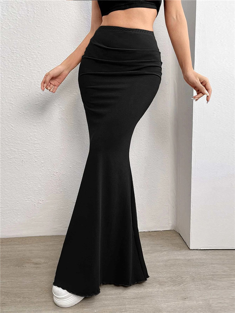 Sexy Solid Bodycon Ruched Long Skirt Women Black Elastic Elegant High Waist Mermaid Maxi Skirt Summer Streetwear