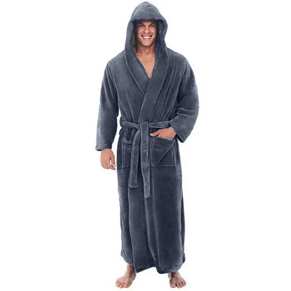 Men's Hooded Flannel Bathrobe Soft Plush Long Lounge Robe Thick Warm Home Sleepwear